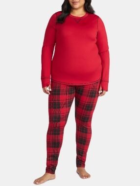 Cuddl Duds Plus-Size Red Solid Top with Red Plaid Leggings Base Layer Set XXL
